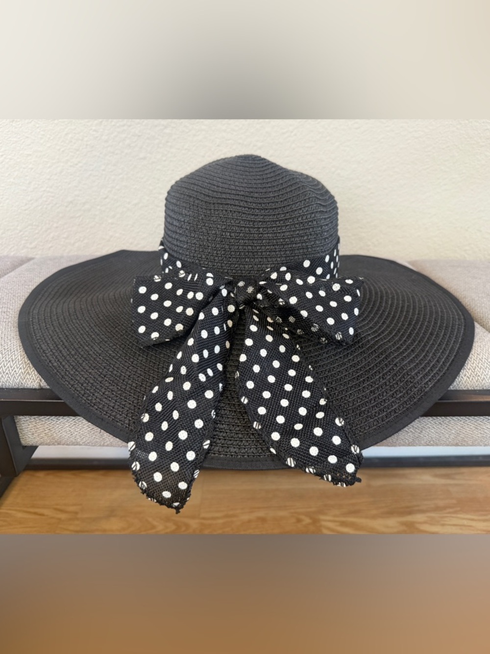 Black Wide-Brim Straw Sun Hat with Polka Dot Ribbon - Picture 4 of 16